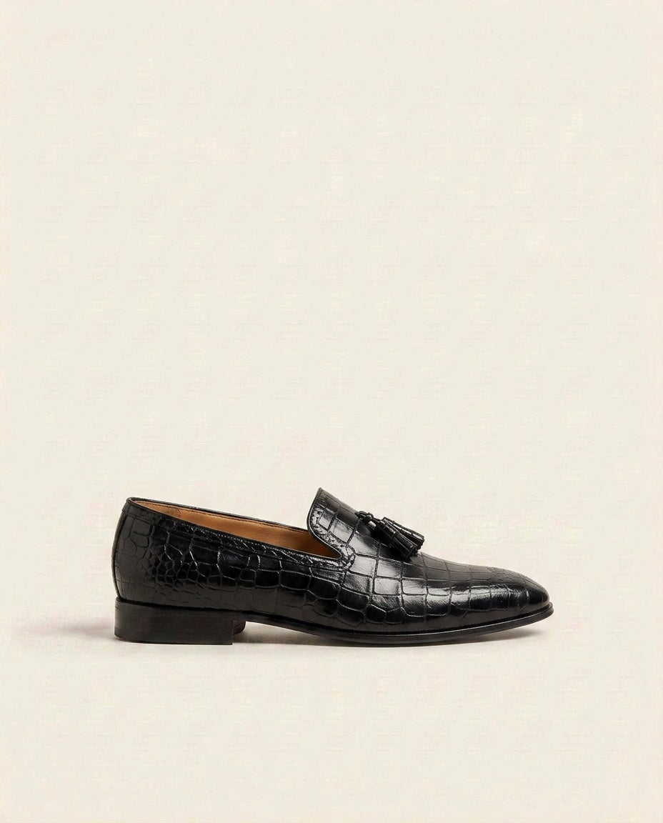 Men’s Croc-Embossed Tassel Loafers – Premium Leather Slip-On Formal Dress Shoes