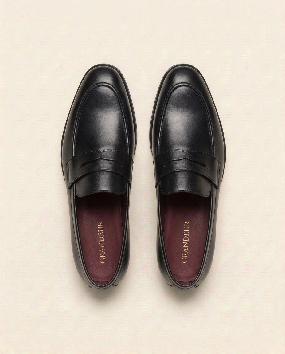 Men’s Classic Black Leather Penny Loafers – Formal Slip-On Dress Shoes