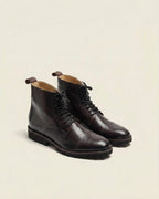 Dark Brown Leather Cap-Toe Lace-Up Boots