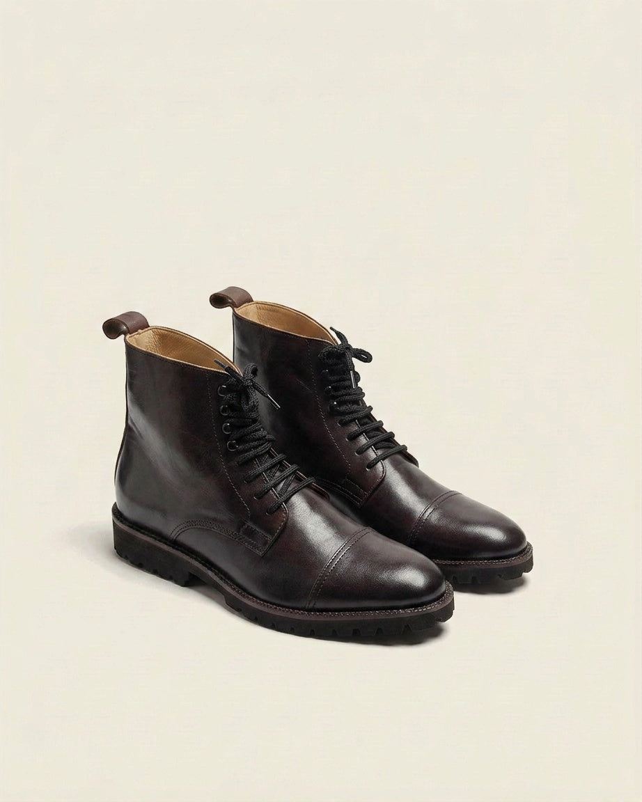 Dark Brown Leather Cap-Toe Lace-Up Boots