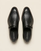 Black Textured Leather Monk Strap Shoes