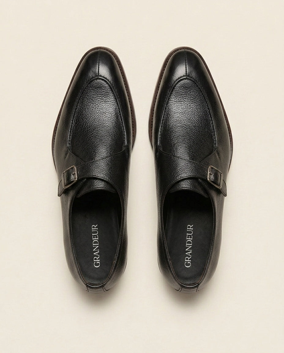 Black Textured Leather Monk Strap Shoes