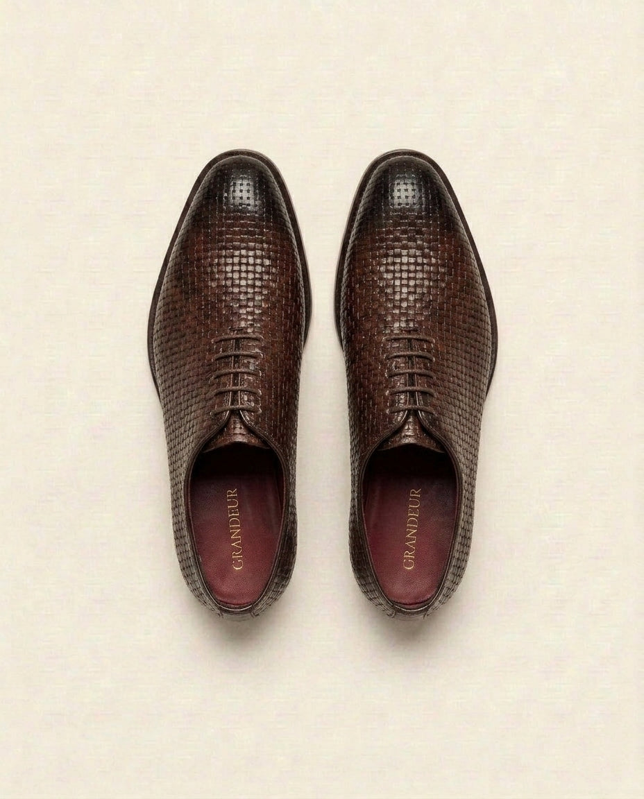 Grandeur Dark Brown Woven Leather Lace-Up Shoes – Made-to-Order