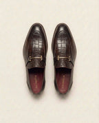 Brown Croc-Textured Leather Horsebit Loafers