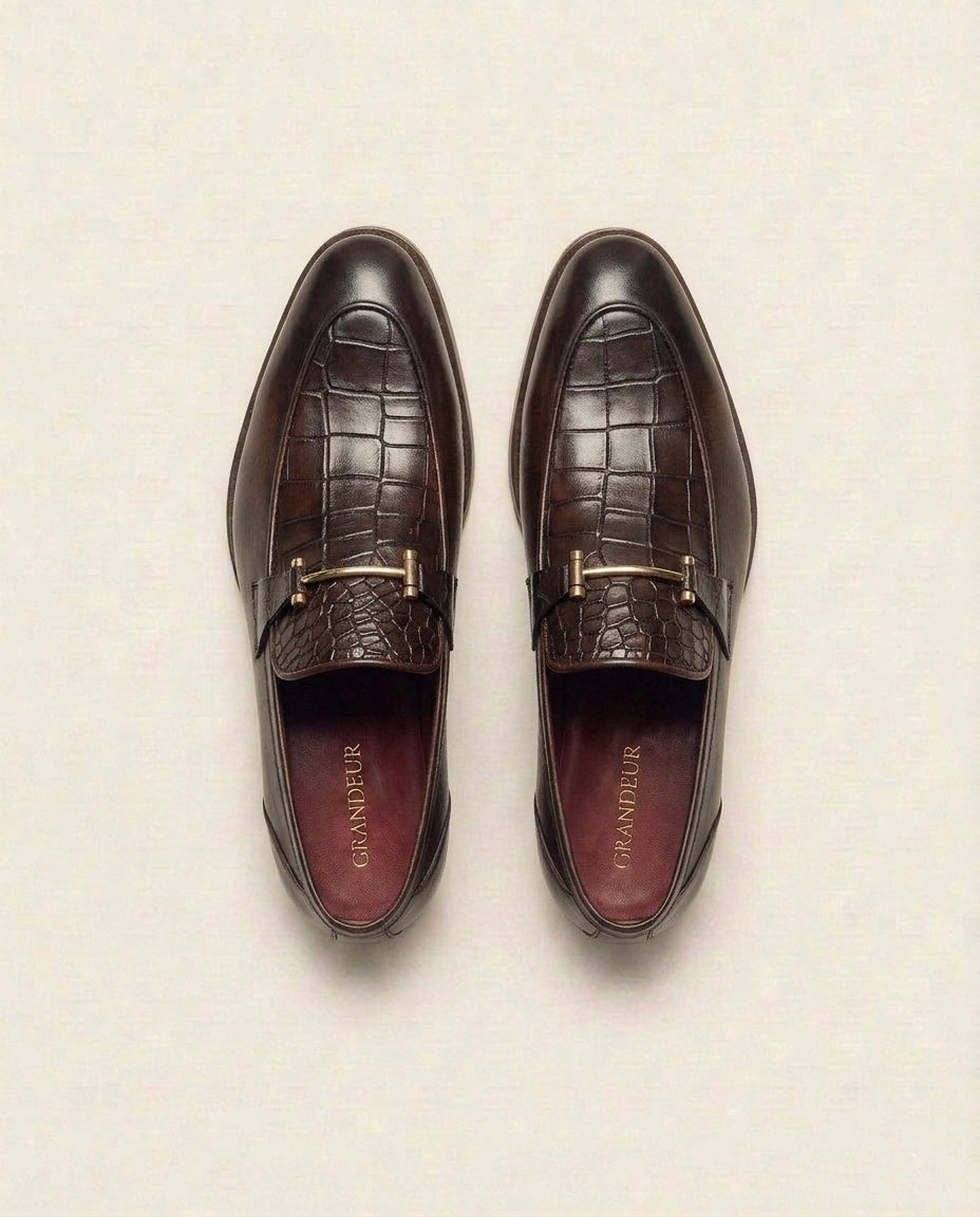 Brown Croc-Textured Leather Horsebit Loafers