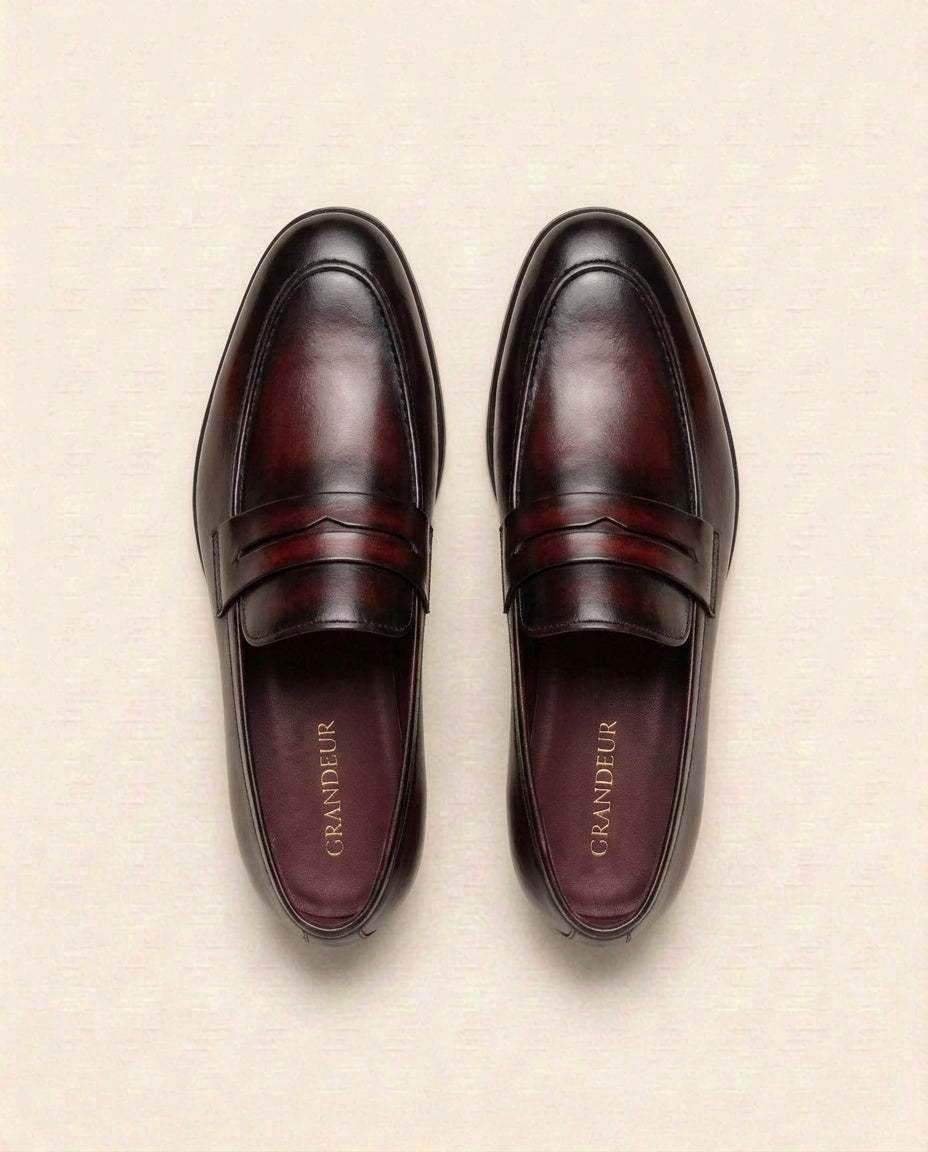 Men’s Burnished Leather Penny Loafers – Hand-Finished Patina Slip-On Formal Shoes