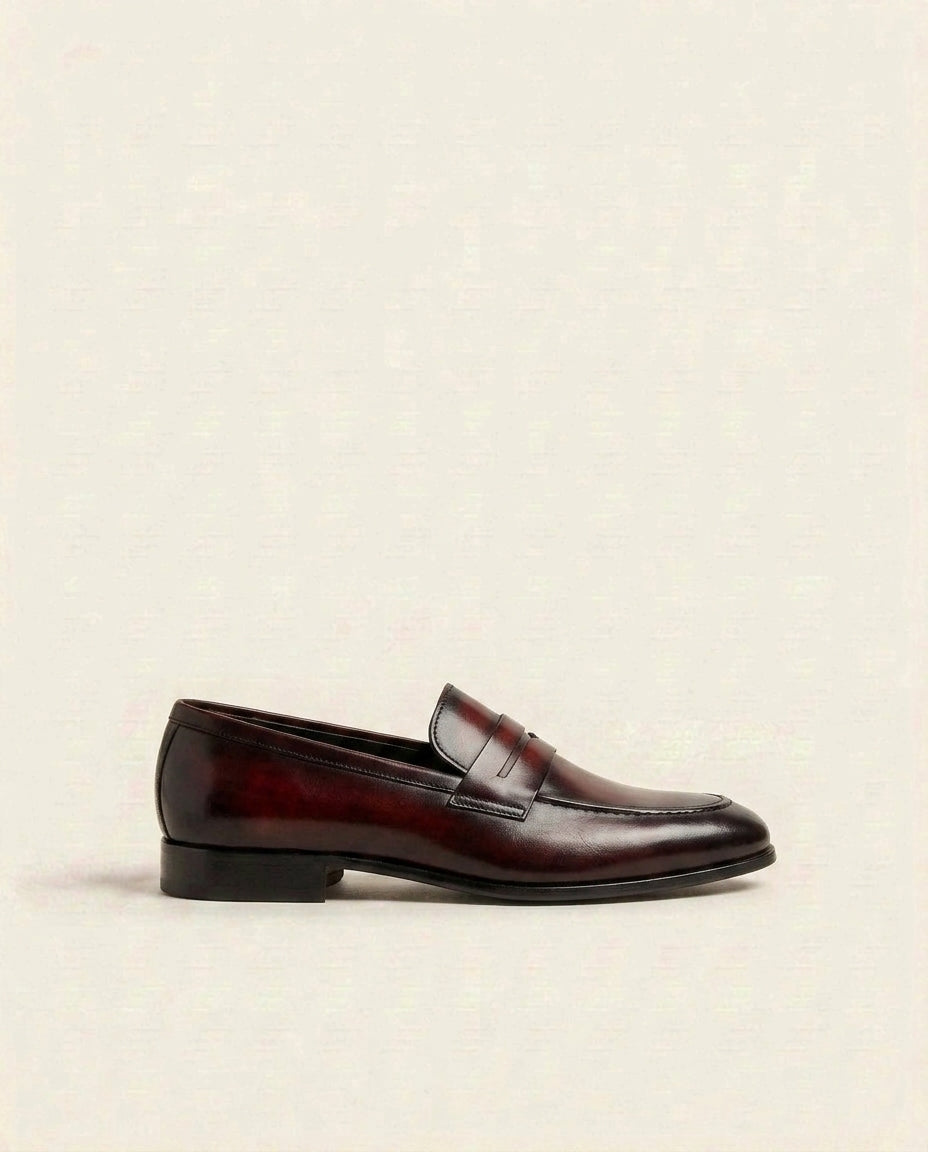 Men’s Burnished Leather Penny Loafers – Hand-Finished Patina Slip-On Formal Shoes