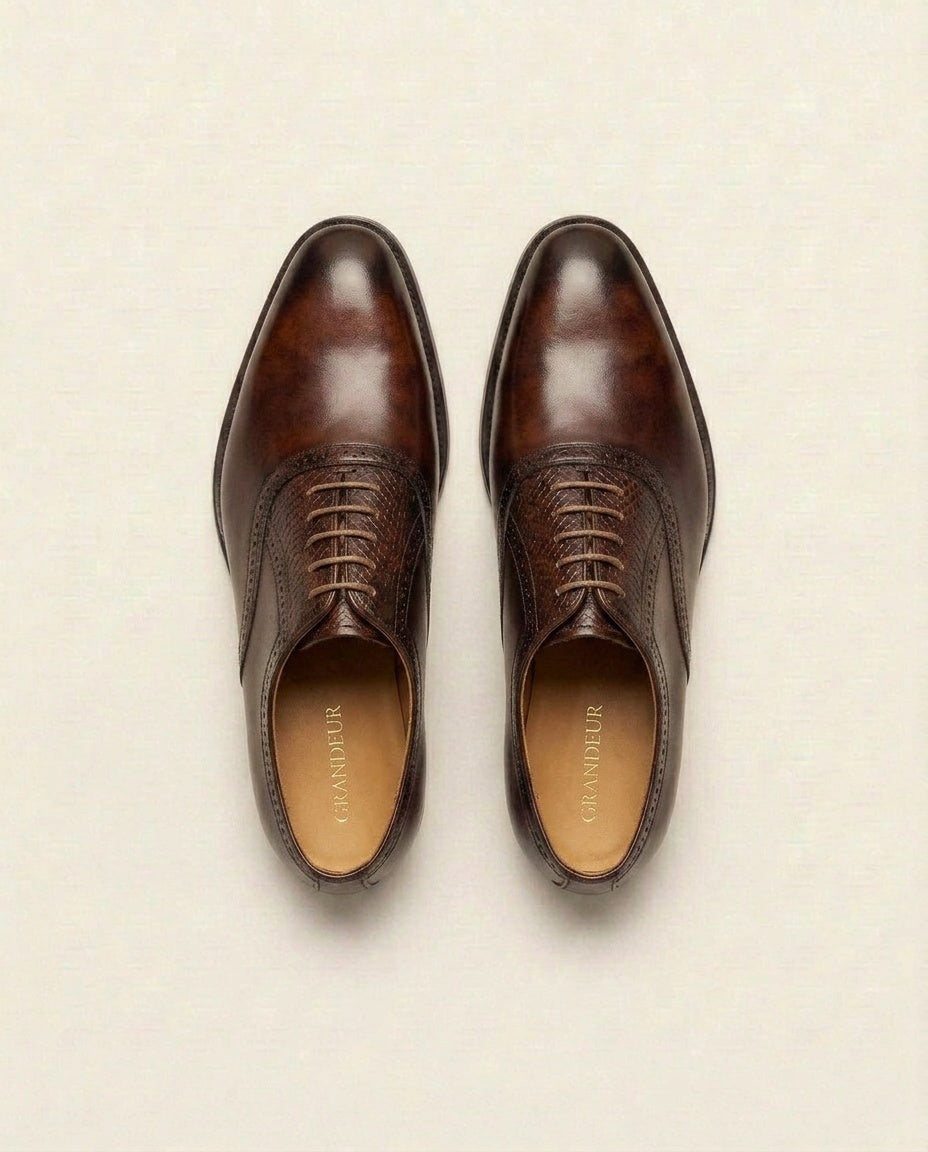Men’s Brown Textured Panel Oxford Shoes – Leather Lace-Up Formal Dress Shoes