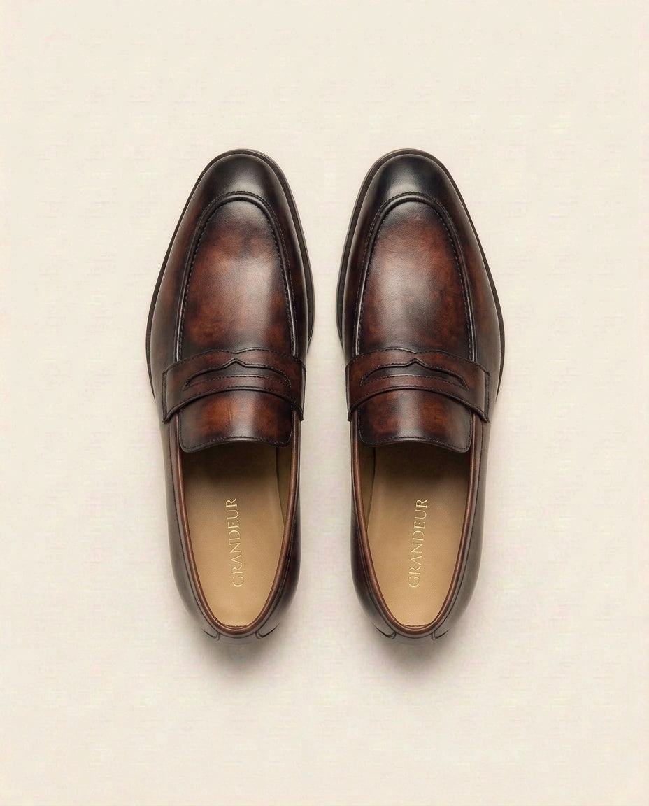 Men’s Premium Brown Burnished Leather Penny Loafers – Classic Formal Slip-On Shoes