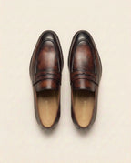 Men’s Premium Brown Burnished Leather Penny Loafers – Classic Formal Slip-On Shoes