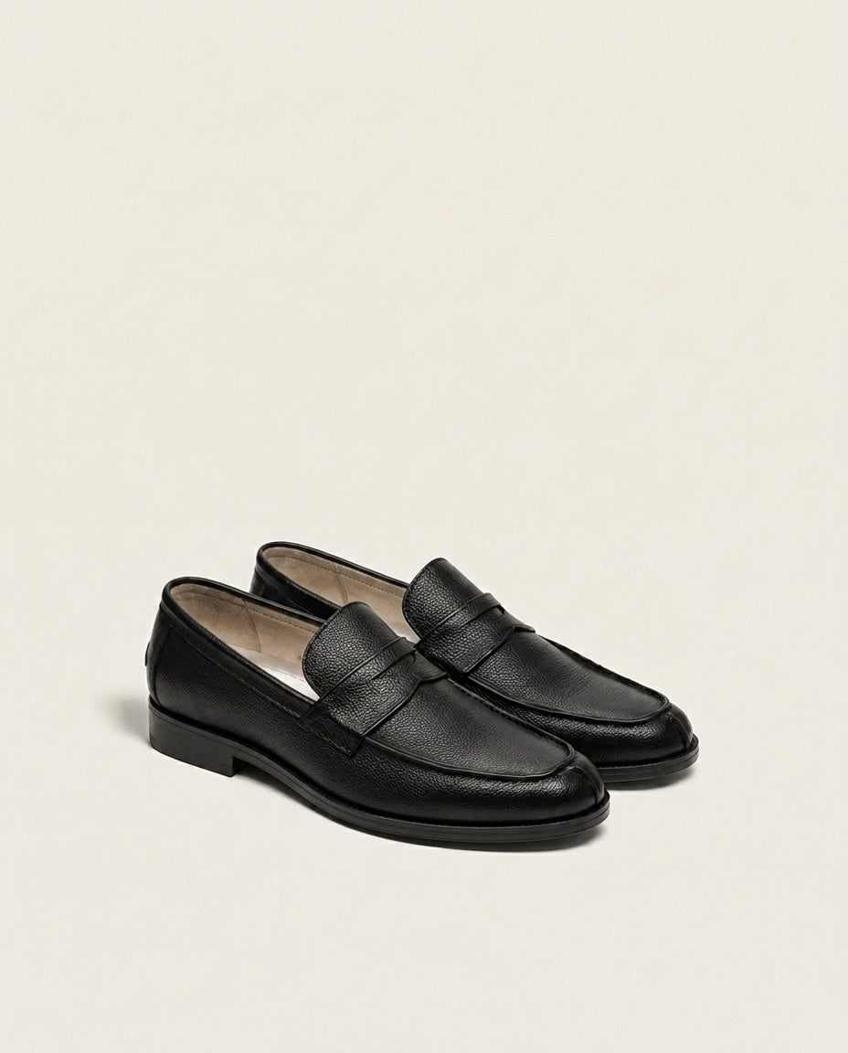 Black Pebbled Leather Penny Loafers