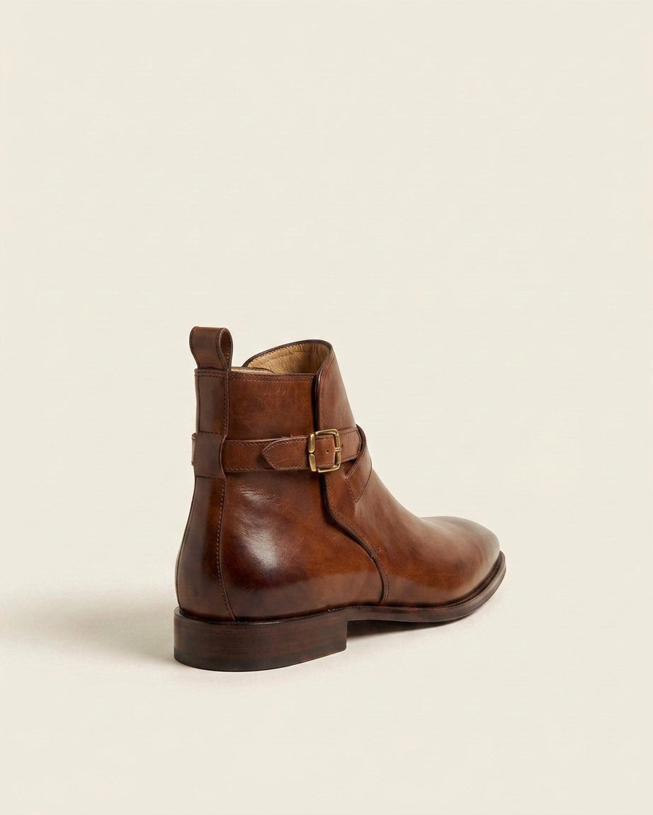 Brown Leather Monk Strap Ankle Boots – Elegant Buckle Boots for Men