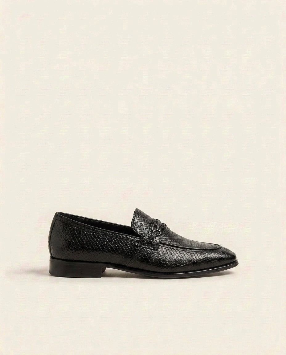 Black Textured Leather Loafers for Men – Exotic Pattern Formal Slip-On Shoes