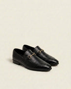 Black Textured Leather Horsebit Loafers