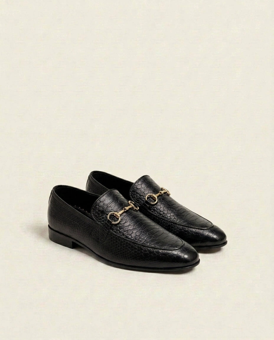 Black Textured Leather Horsebit Loafers