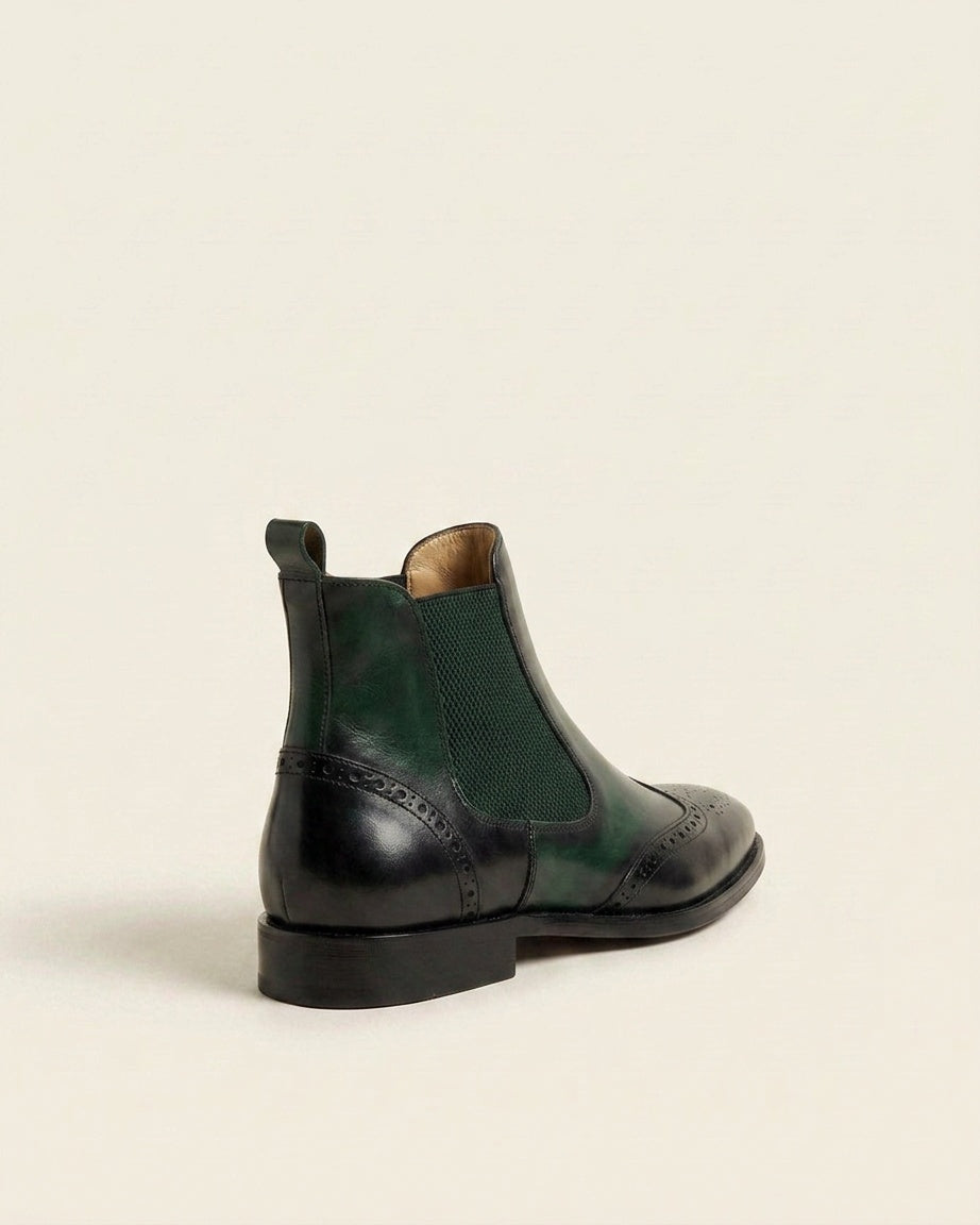 Green and Black Leather Chelsea Boots with Brogue Detailing – Stylish Ankle Boots for Men