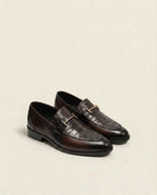 Brown Croc-Textured Leather Horsebit Loafers