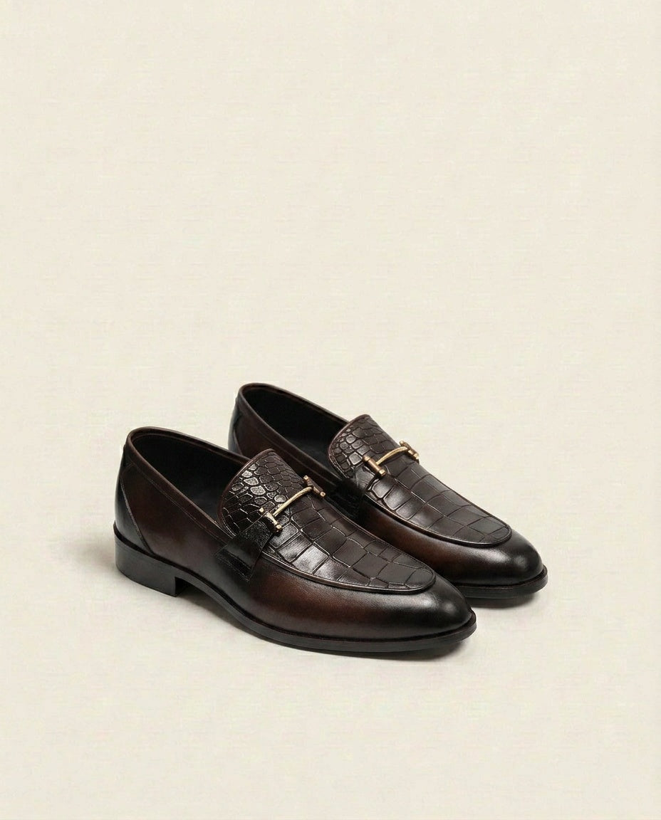 Brown Croc-Textured Leather Horsebit Loafers