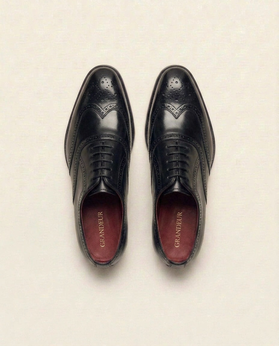 Black Leather Brogue Oxford Shoes with Red Interior – Stylish Formal Dress Shoes for Men