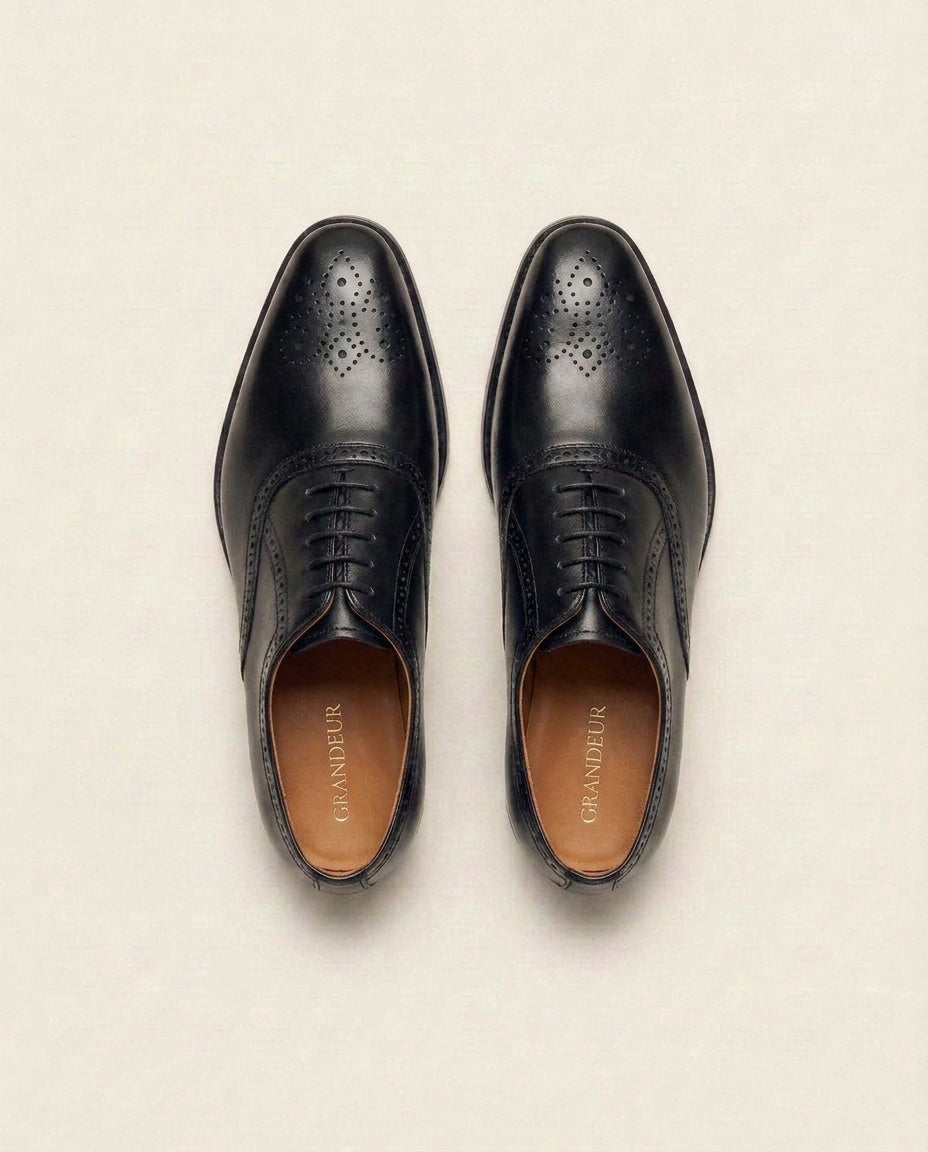 Premium Black Leather Brogue Oxford Shoes with Tan Interior – Classic Formal Dress Shoes for Men