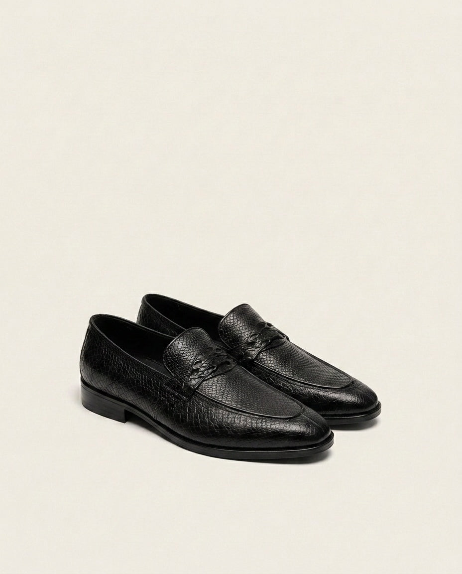 Black Textured Leather Loafers for Men – Exotic Pattern Formal Slip-On Shoes