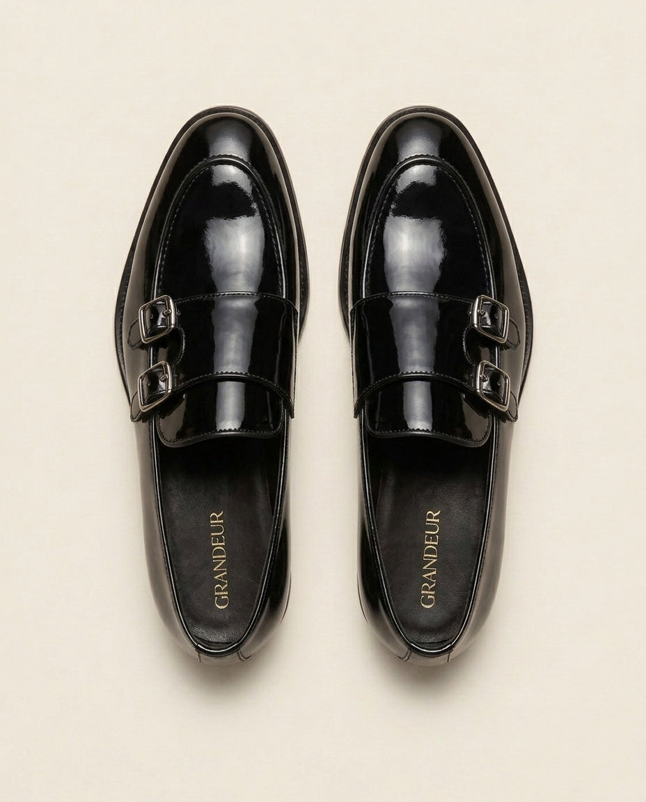 Black Patent Leather Double Monk Strap Loafers
