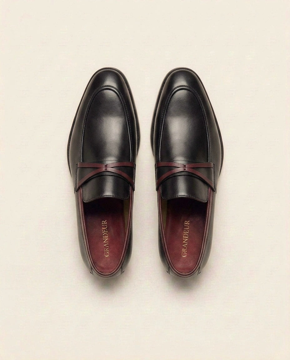 Black Leather Loafers with Contrast Strap – Modern Formal Slip-On Shoes