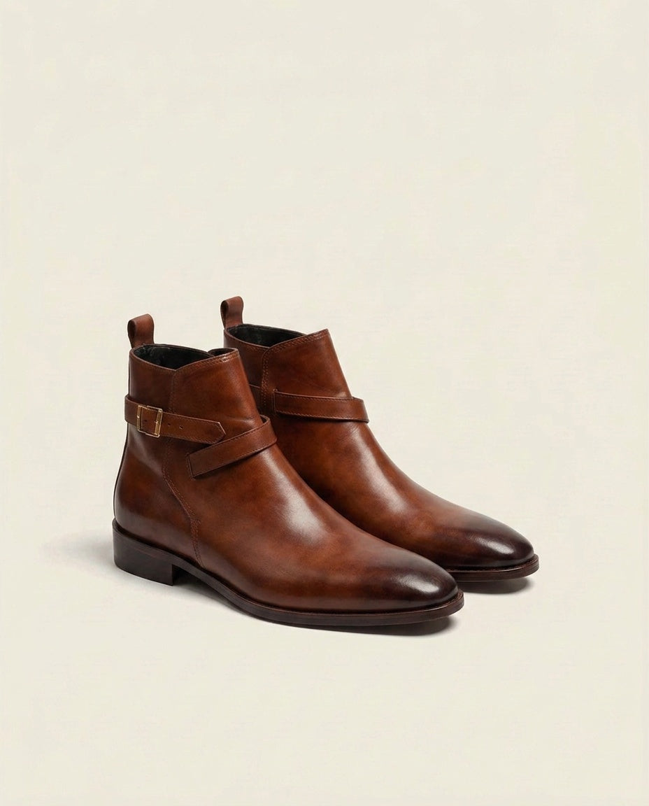Brown Leather Monk Strap Ankle Boots – Elegant Buckle Boots for Men