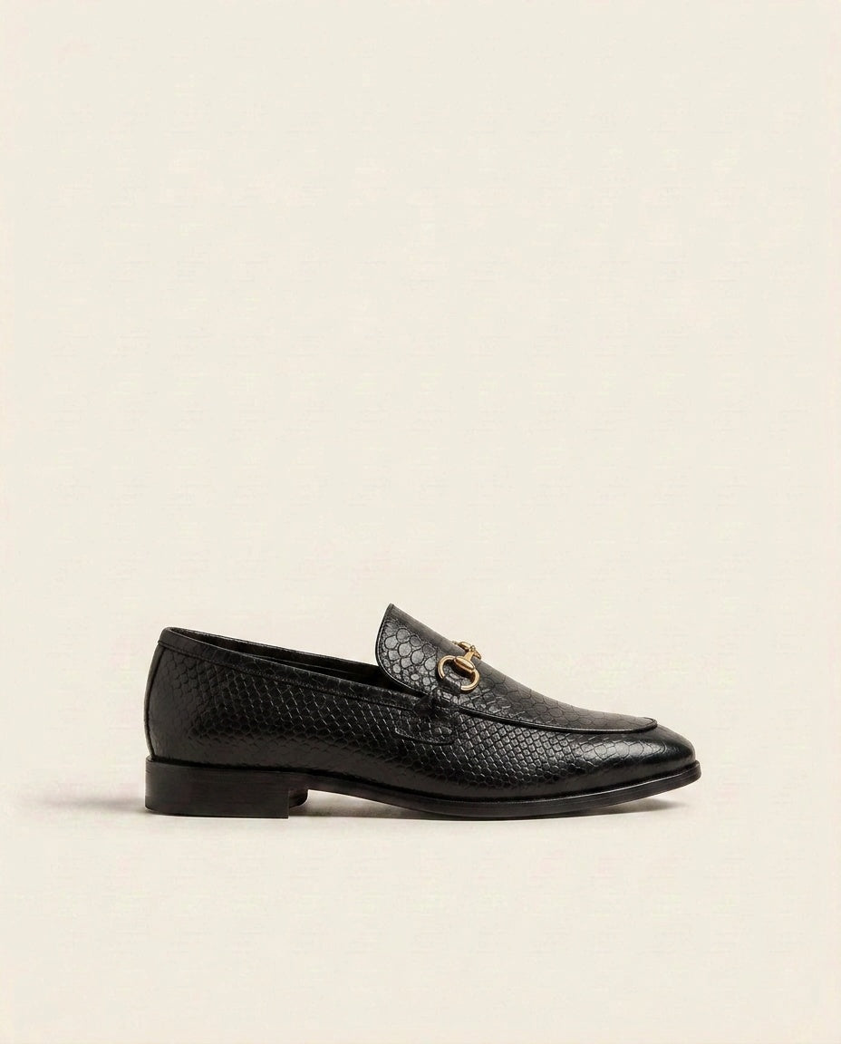 Black Textured Leather Horsebit Loafers