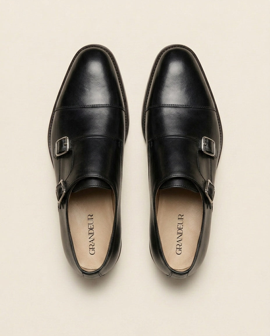 Black Leather Double Monk Strap Shoes