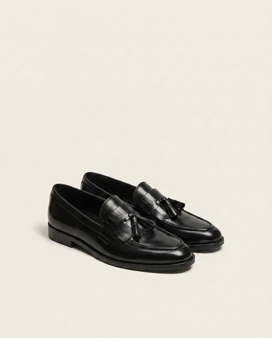 Black Leather Tassel Loafers for Men – Classic Formal Slip-On Shoes