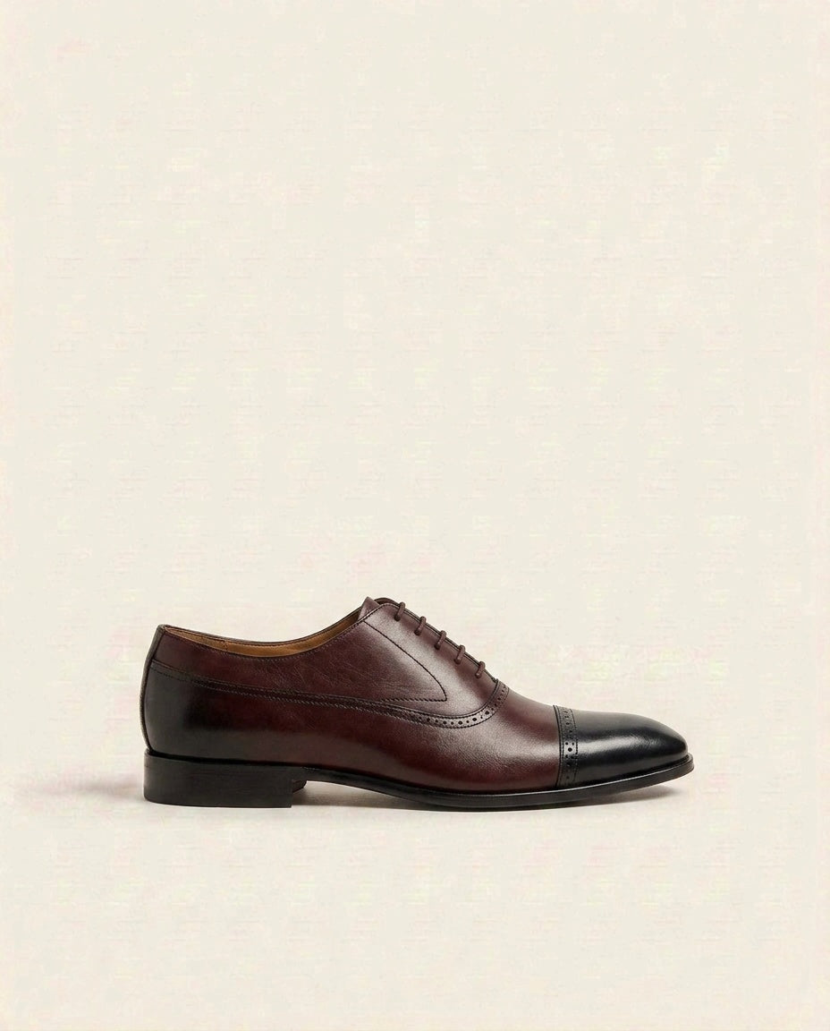 Black & Burgundy Cap-Toe Oxford Shoes – Dual Tone Leather Formal Lace-Up