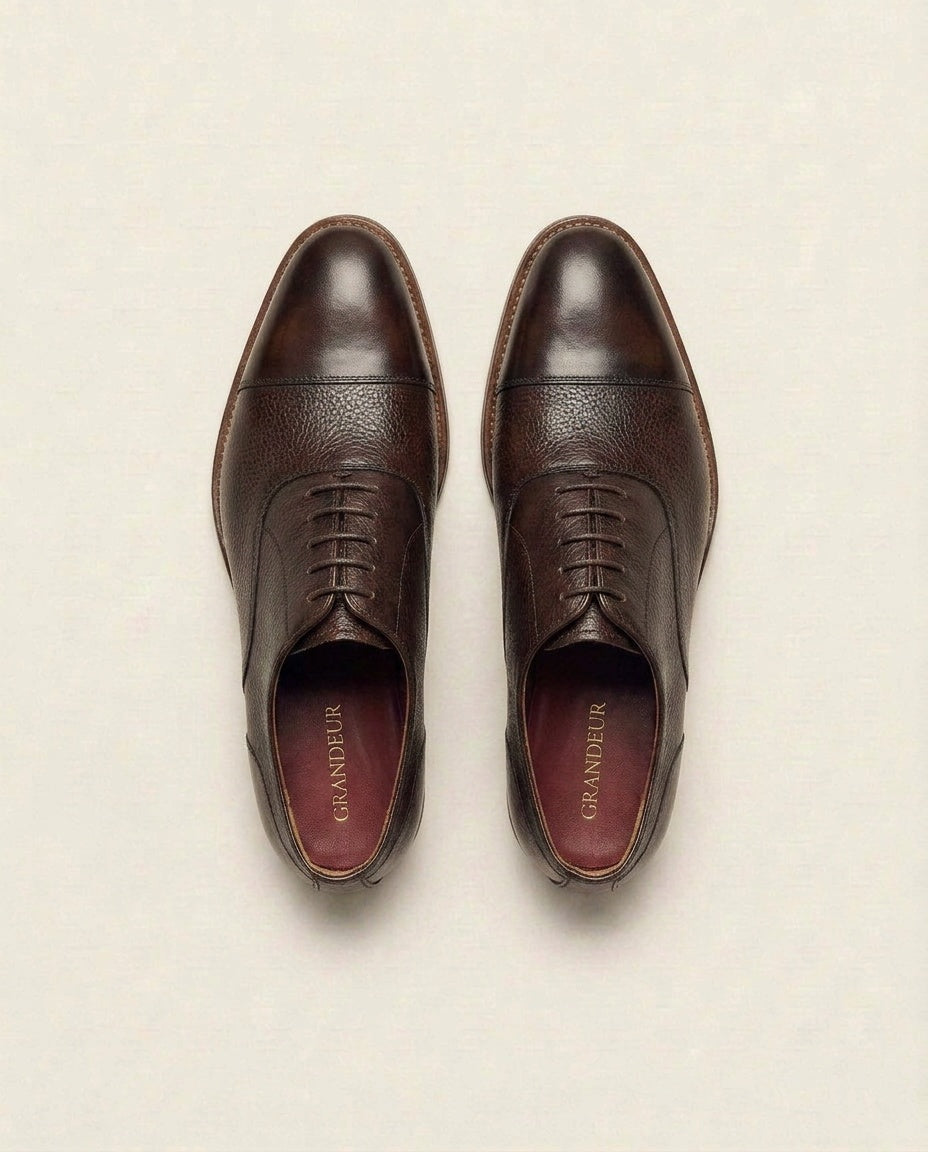 Brown Textured Cap-Toe Oxford Shoes