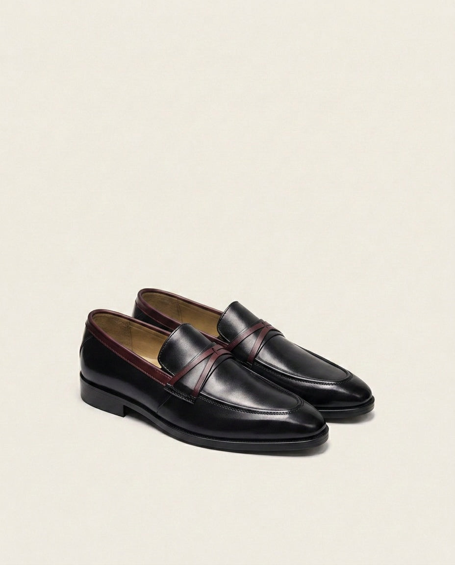 Black Leather Loafers with Contrast Strap – Modern Formal Slip-On Shoes