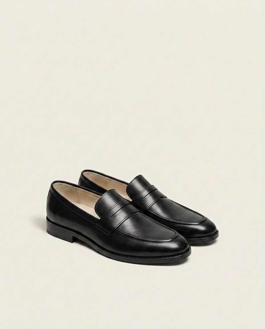Men’s Classic Black Leather Penny Loafers – Formal Slip-On Dress Shoes