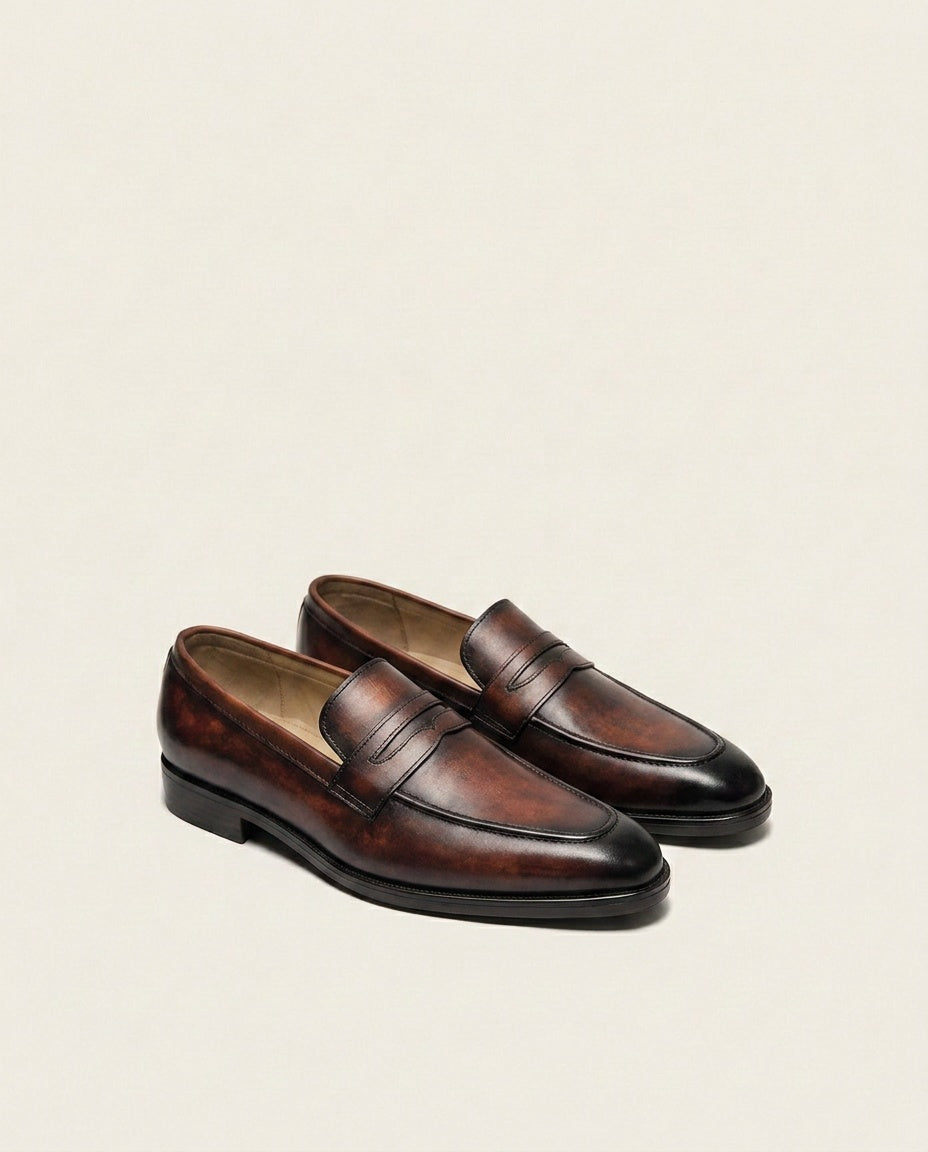 Men’s Premium Brown Burnished Leather Penny Loafers – Classic Formal Slip-On Shoes