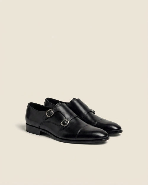 Black Leather Double Monk Strap Shoes