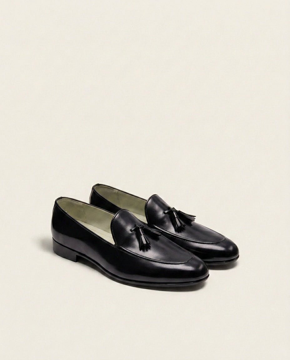 Men’s Black Leather Tassel Loafers – Classic Formal Slip-On Dress Shoes