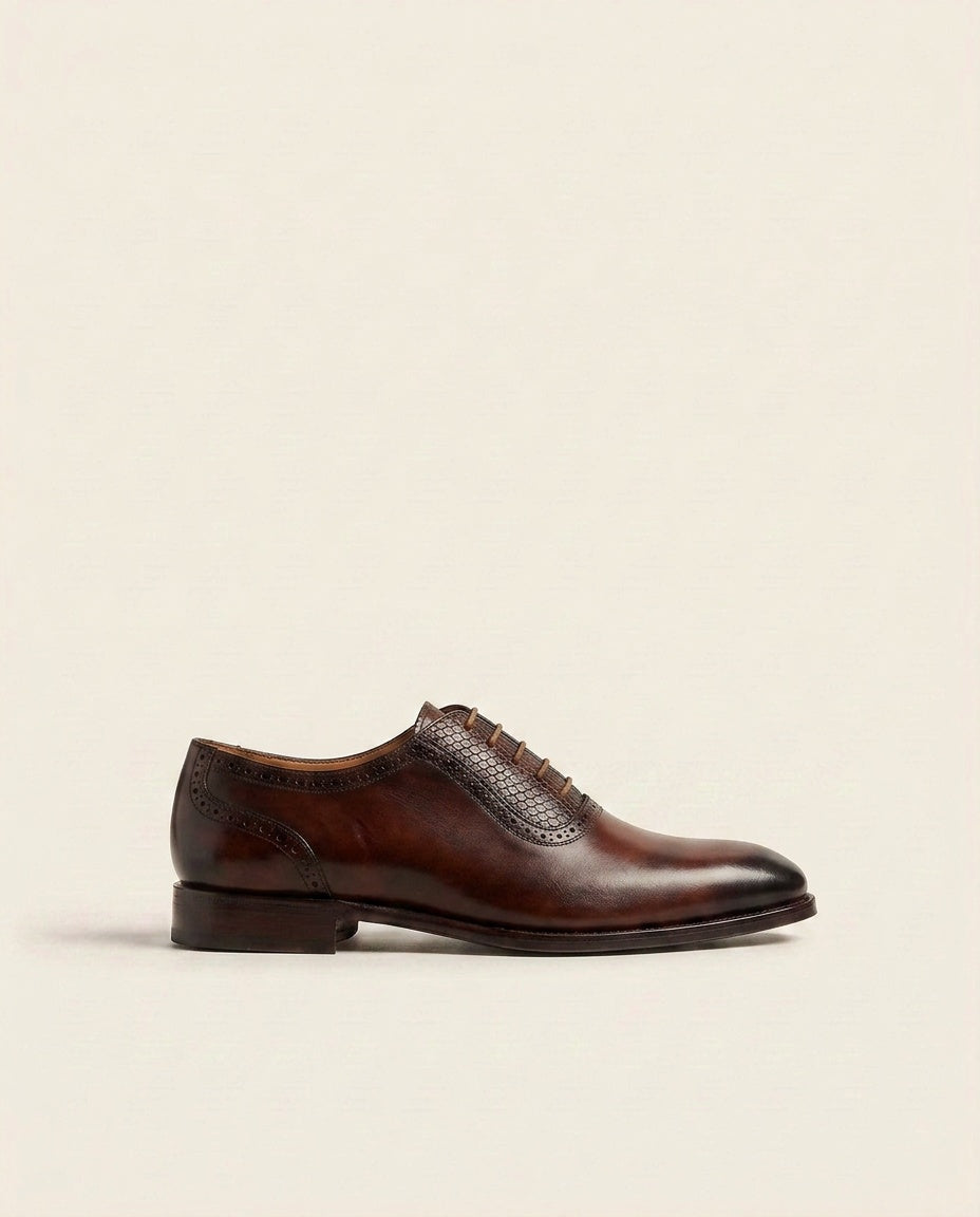 Men’s Brown Textured Panel Oxford Shoes – Leather Lace-Up Formal Dress Shoes