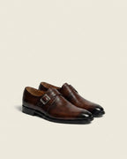 Brown Burnished Leather Single Monk Strap Shoes – Classic Buckle Formal Shoes