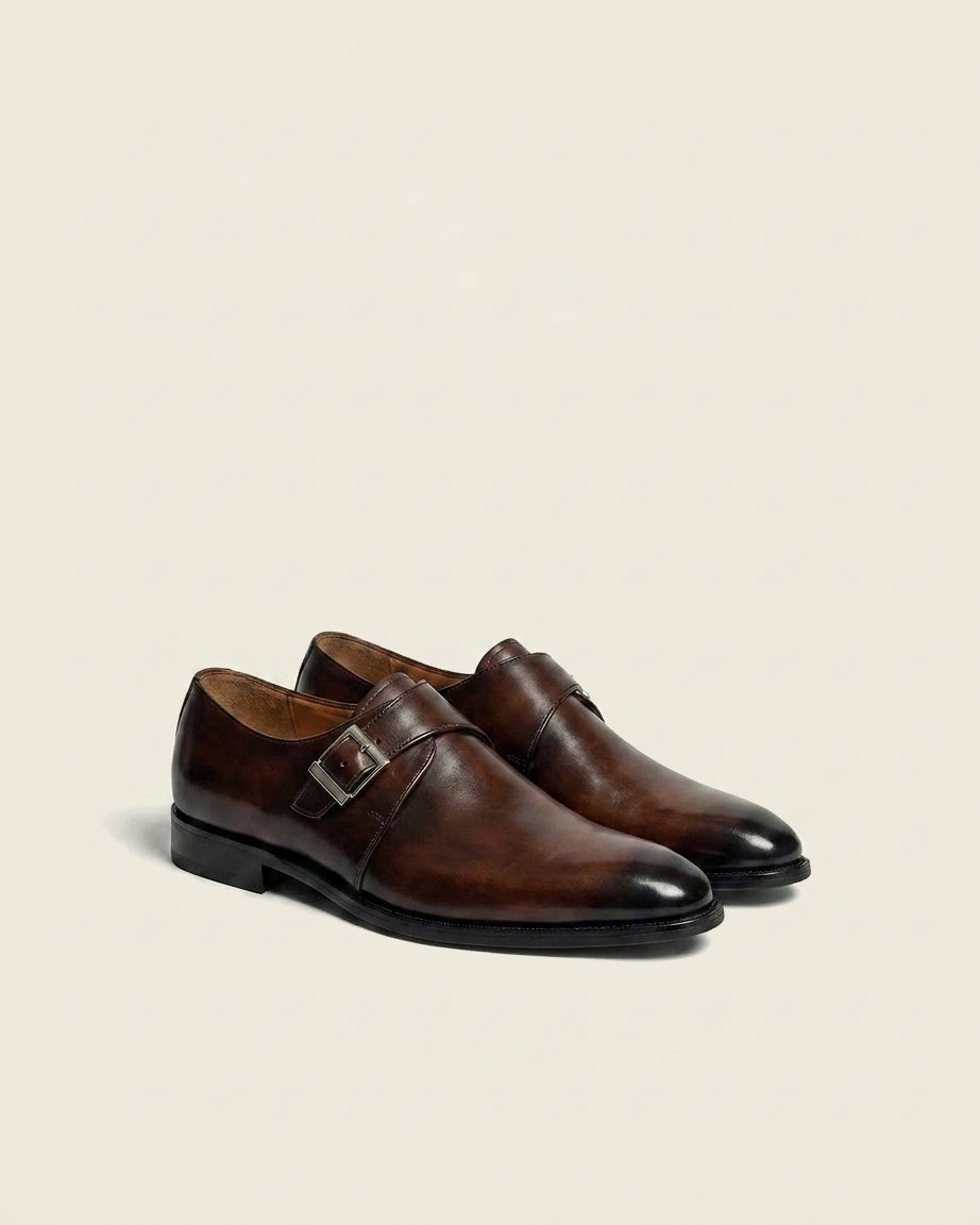 Brown Burnished Leather Single Monk Strap Shoes – Classic Buckle Formal Shoes