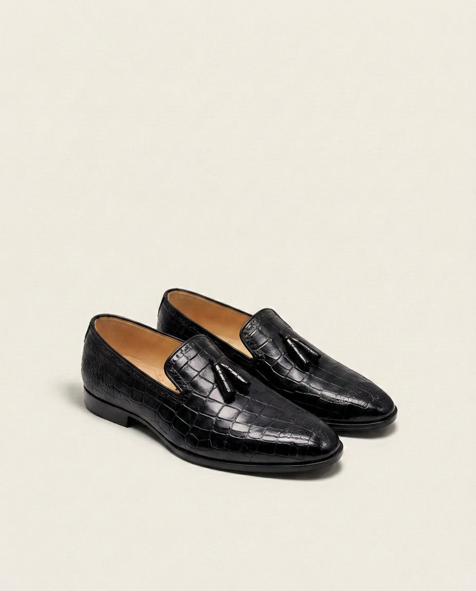 Men’s Croc-Embossed Tassel Loafers – Premium Leather Slip-On Formal Dress Shoes