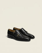 Black Croc-Texture Double Monk Strap Dress Shoes – Premium Leather Formal Shoes