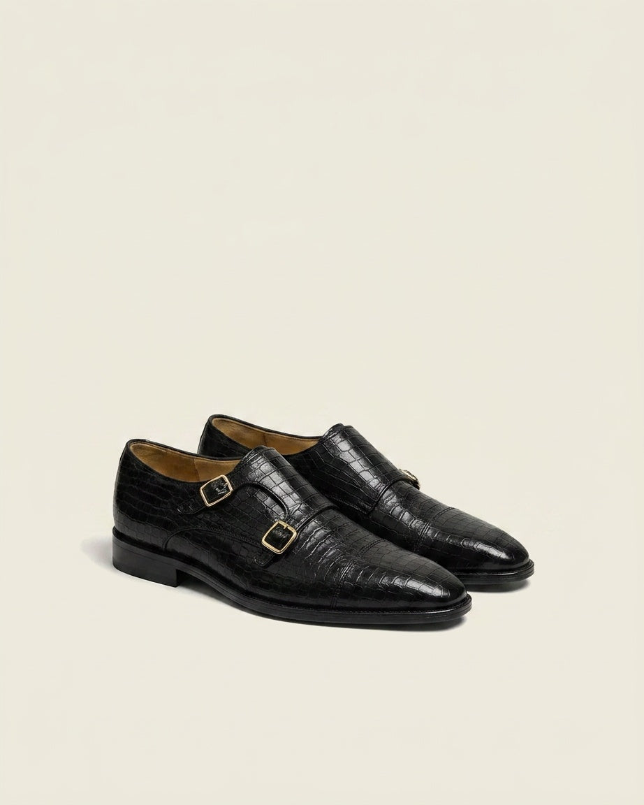 Black Croc-Texture Double Monk Strap Dress Shoes – Premium Leather Formal Shoes