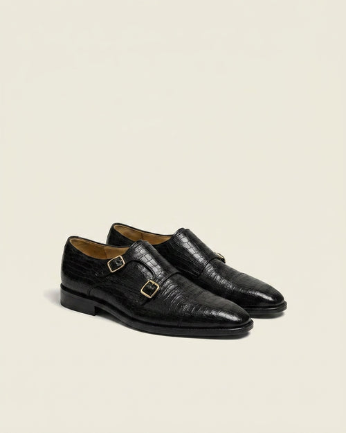 Black Croc-Texture Double Monk Strap Dress Shoes – Premium Leather Formal Shoes