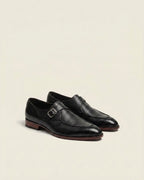 Black Textured Leather Monk Strap Shoes