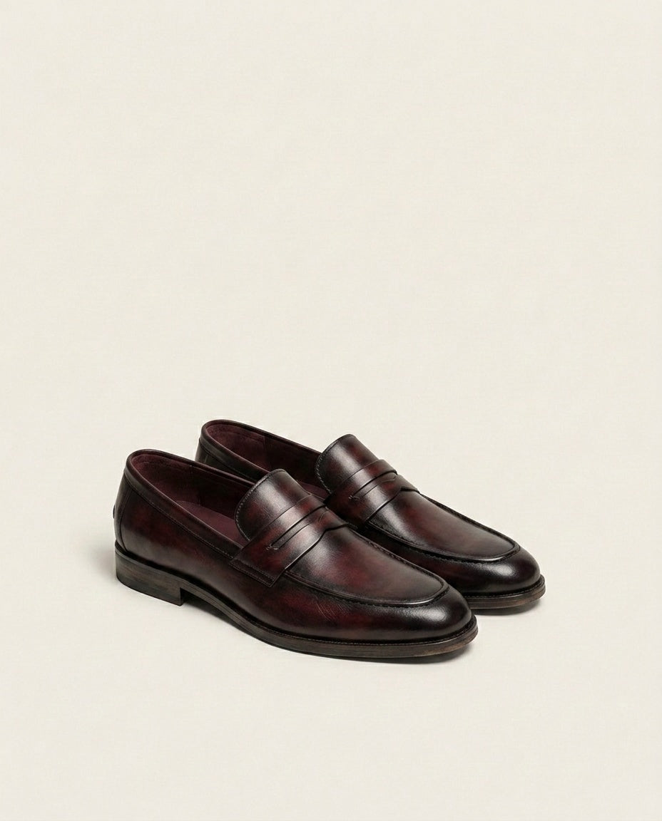 Men’s Burnished Leather Penny Loafers – Hand-Finished Patina Slip-On Formal Shoes