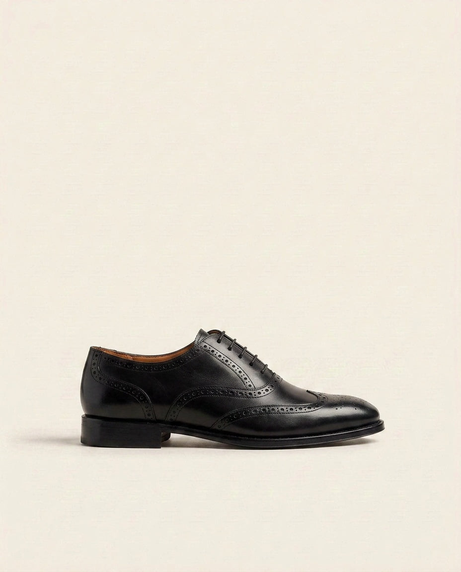 Premium Black Leather Brogue Oxford Shoes with Tan Interior – Classic Formal Dress Shoes for Men