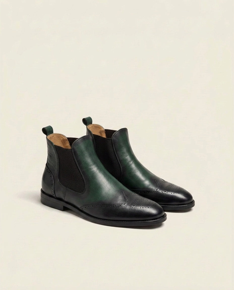 Green and Black Leather Chelsea Boots with Brogue Detailing – Stylish Ankle Boots for Men