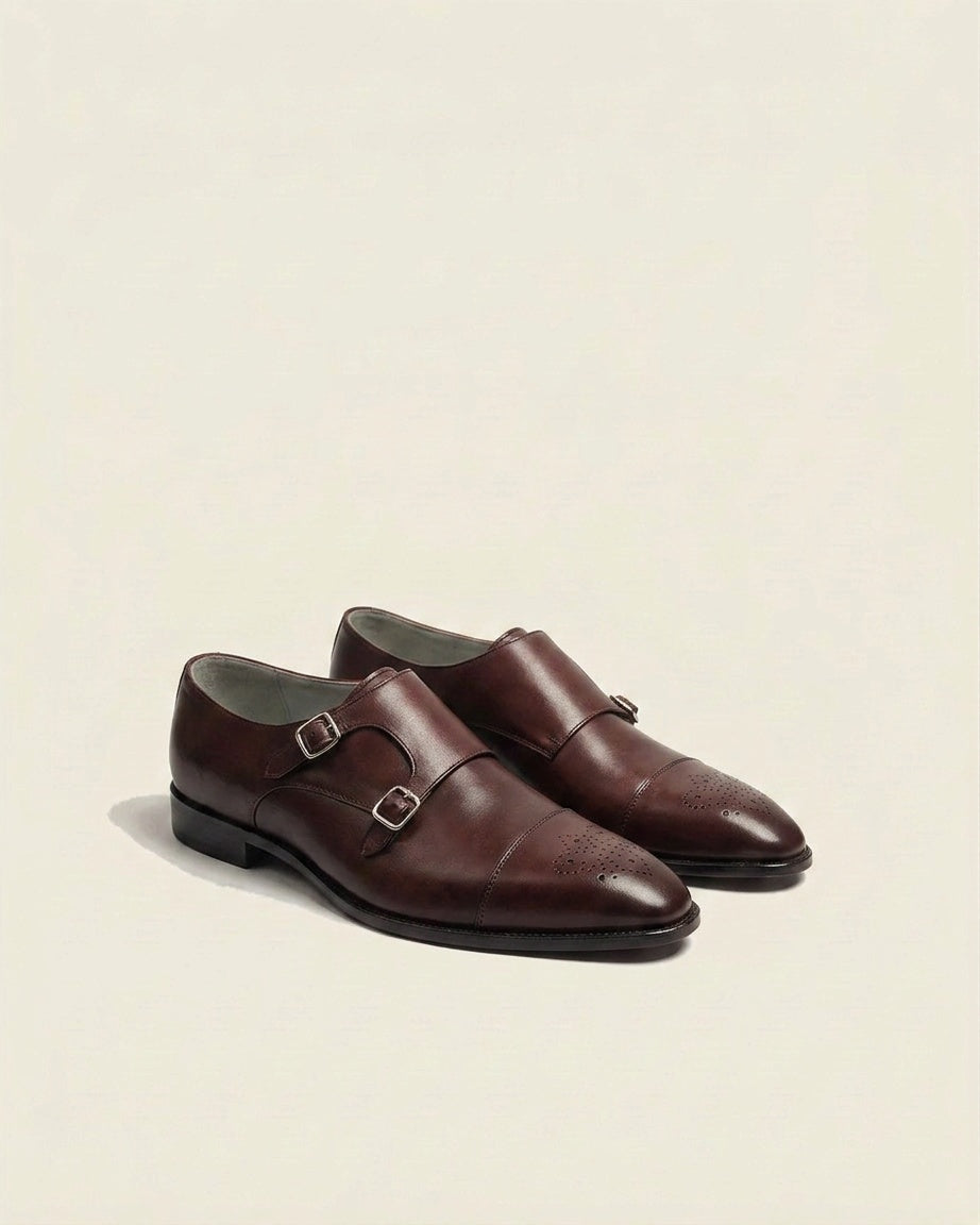 Brown Double Monk Strap Brogue Leather Shoes – Premium Formal Dress Shoes